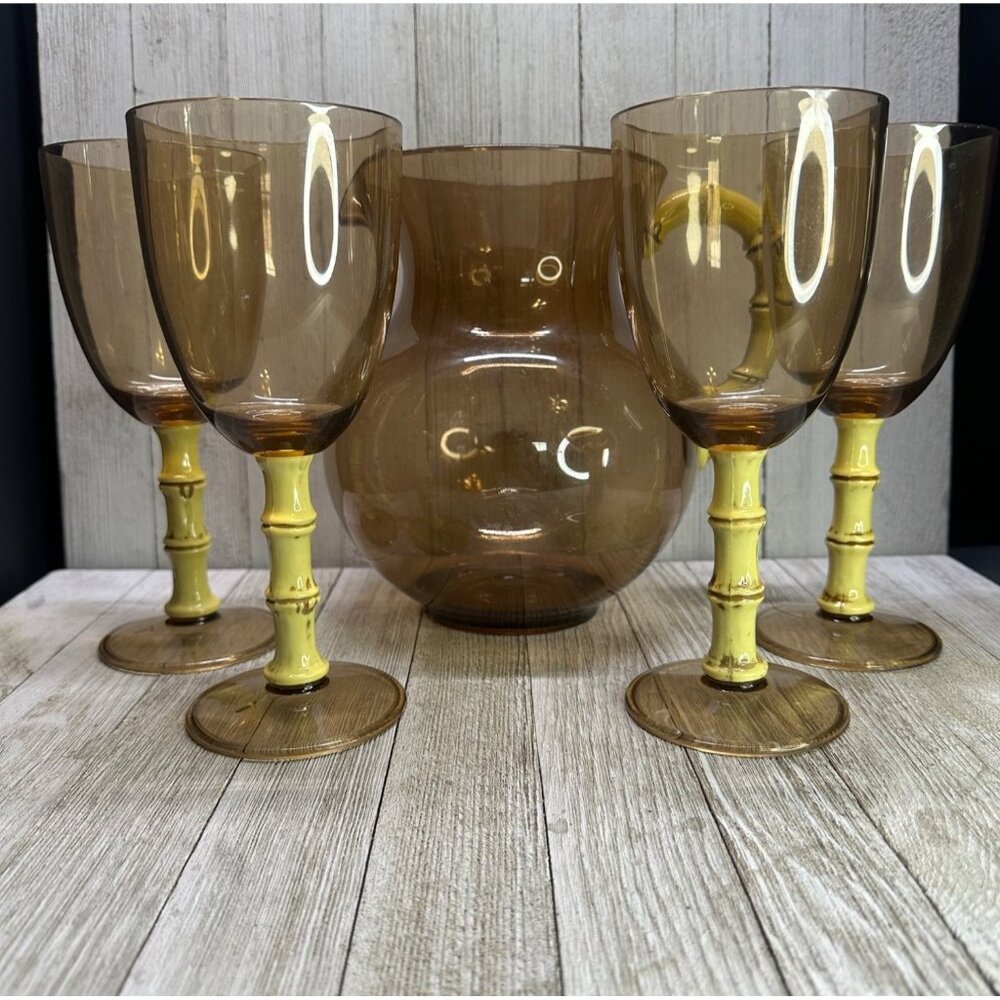 Vtg Tiki Bar Wine Glasses and Pitcher Acrylic Tree Bamboo Stem Cocktail Set 5